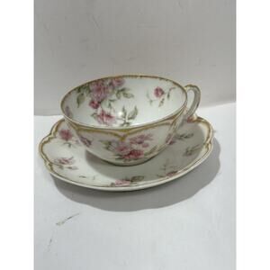 Antique Haviland Limoges Double Gold Cup & Saucer Pink‎ Roses w/ Blue Ribbon